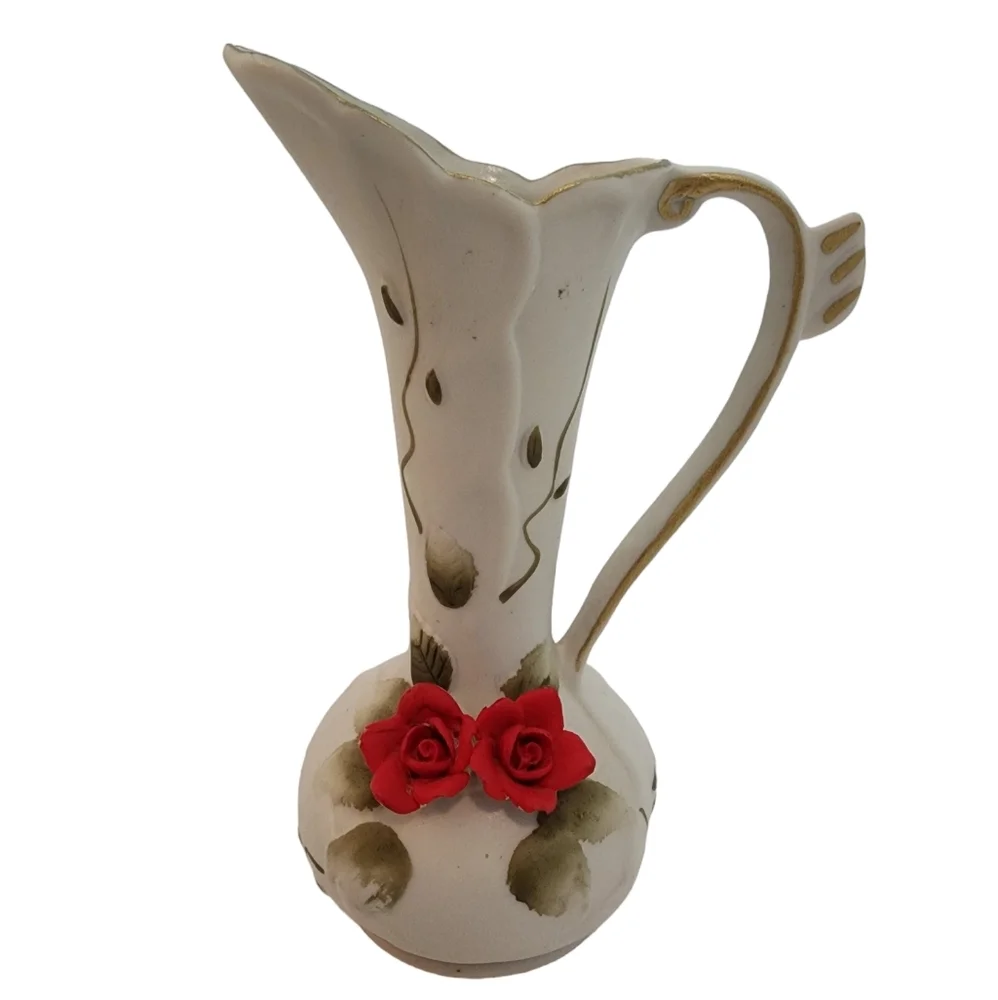 VINTAGE White Red Roses Bisque Pitcher Vase